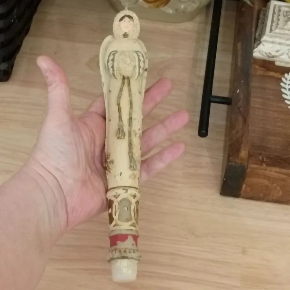 Vintage Carved Winter Angel Candle on Wooden Candlestick Holder Decoration